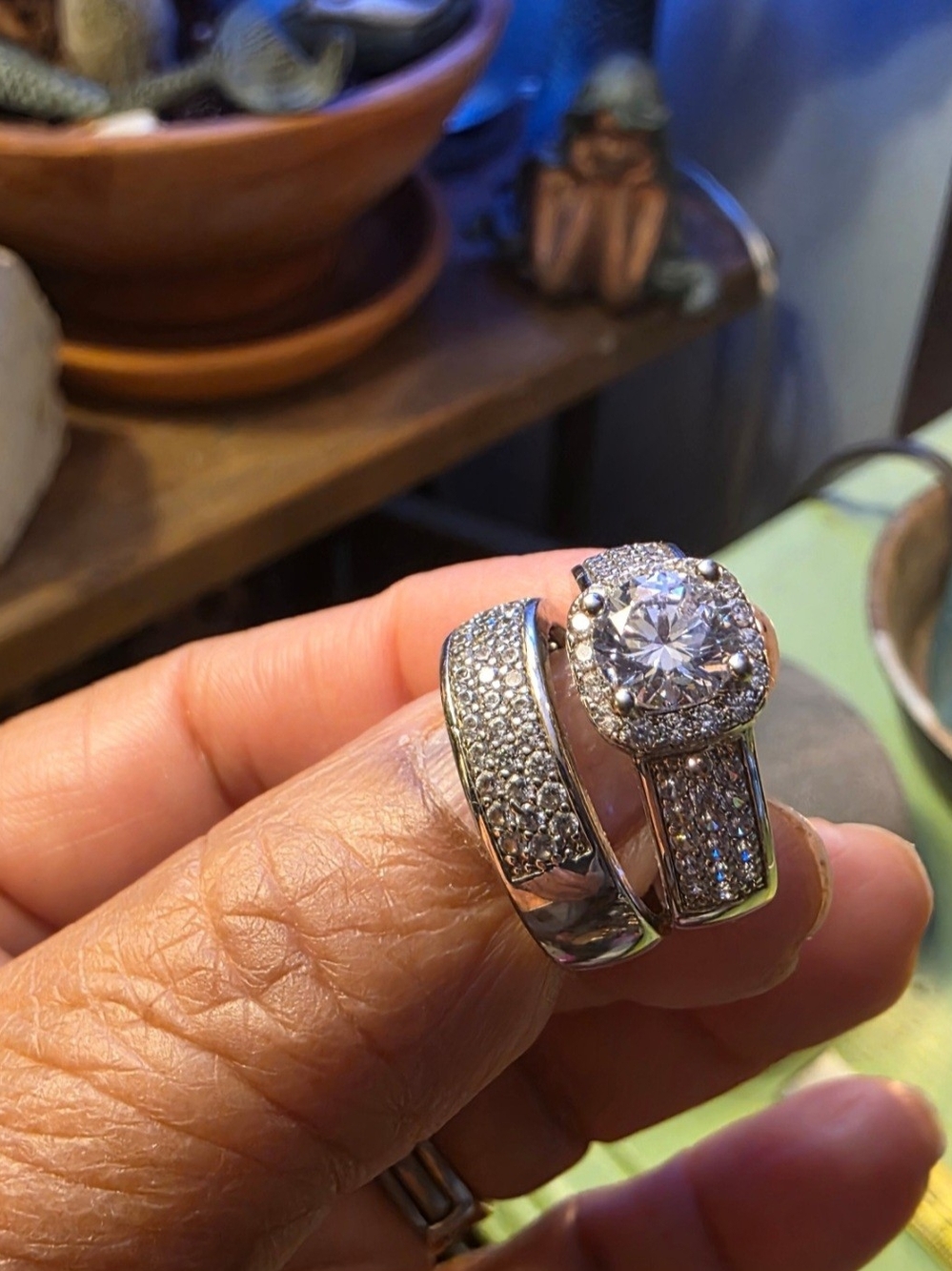 Stainless Steel Crystal Halo Engagement Ring Set - 6.5
